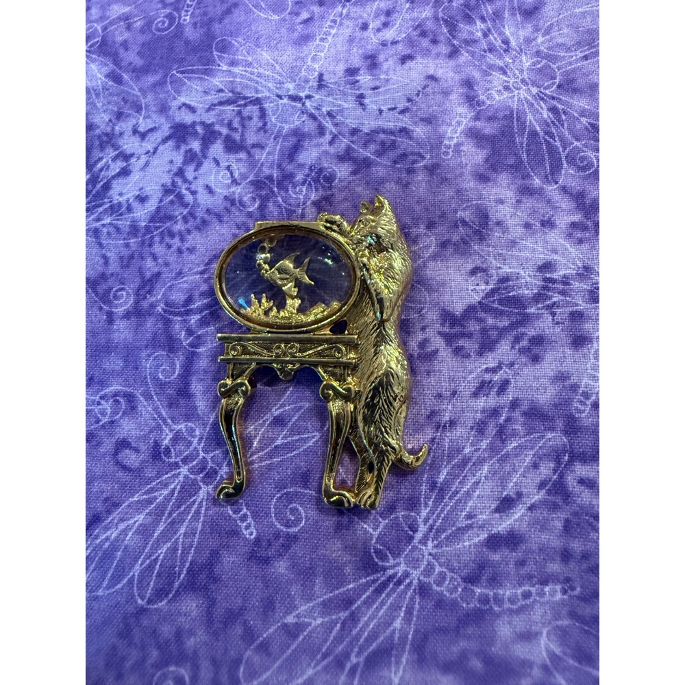 Modernist Brooch Gold Tone Curious Cat Kitten Goldfish Bowl Figural Vintage